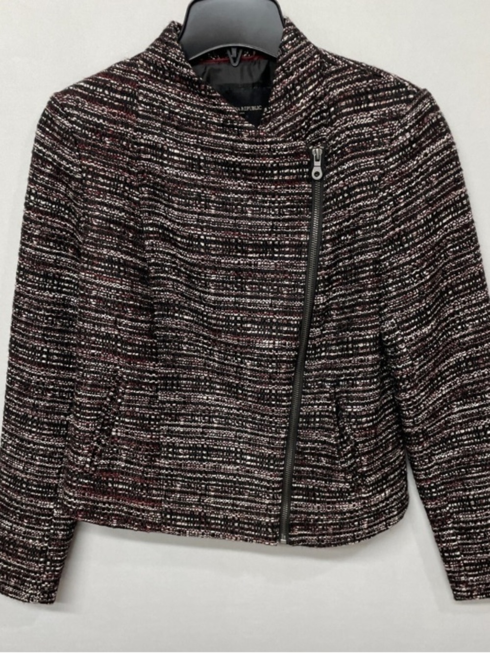 Banana Republic Black & Burgundy Tweed Zip-Front Jacket
